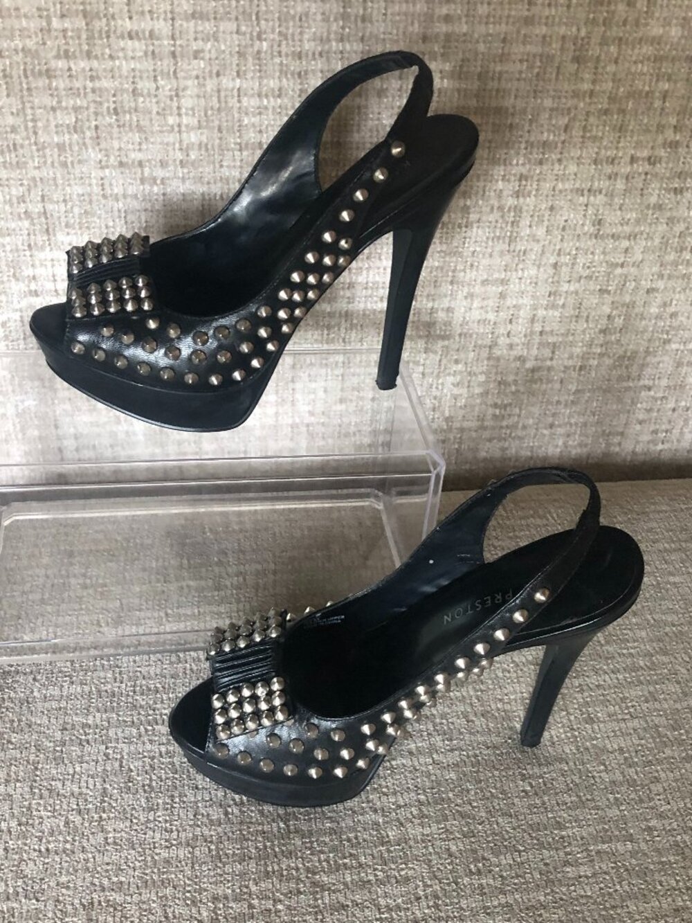 Edgy Punk Rock Kate Preston Studded Peep Toe Stiletto Heels Black 5" Pump Sz 6.5